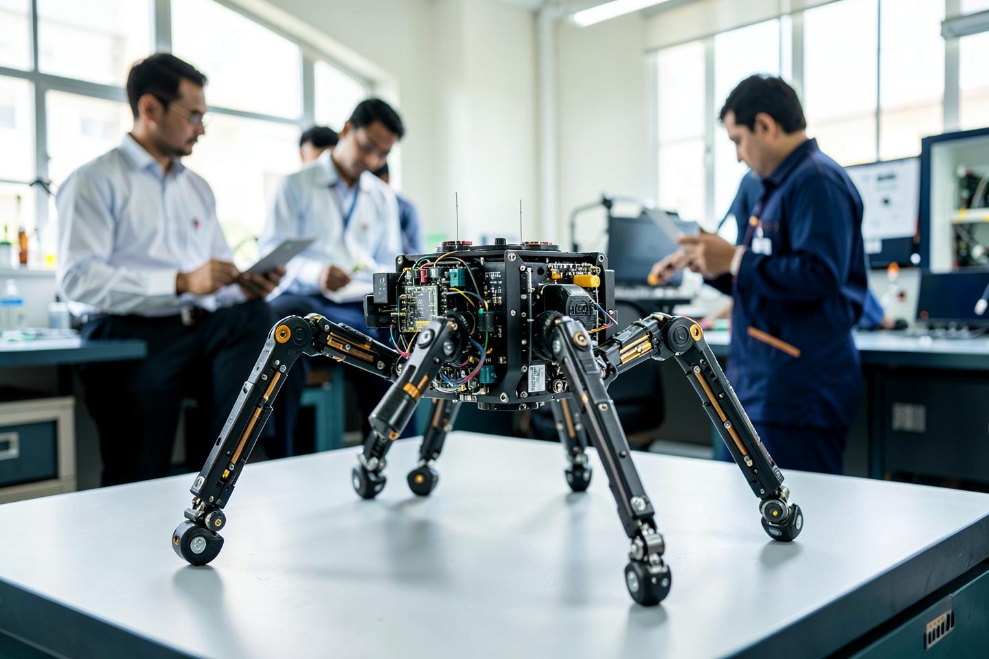 Six-legged AI robotics prototype being tested in an engineering lab