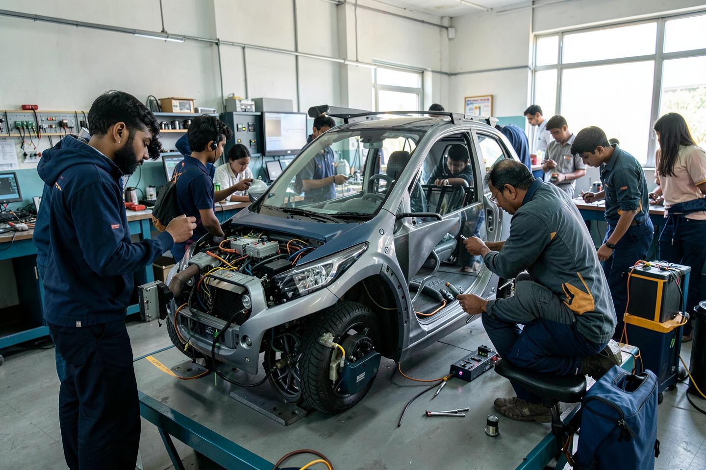 Engineers developing battery and motor control systems for an electric vehicle