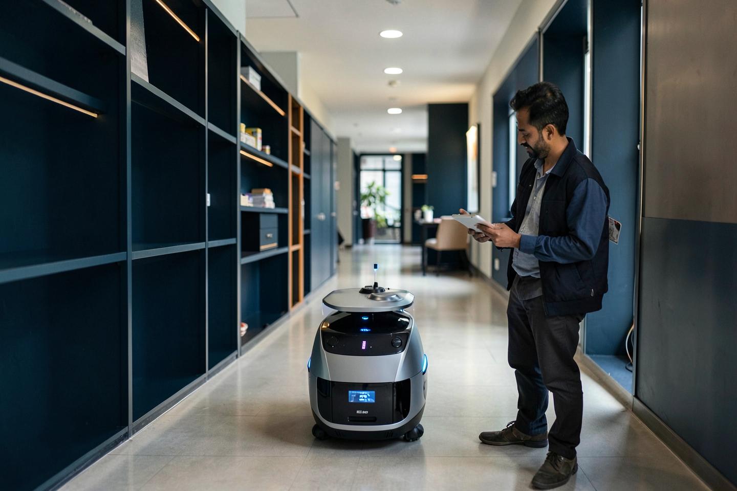 Autonomous serving robot being tested in an indoor corridor