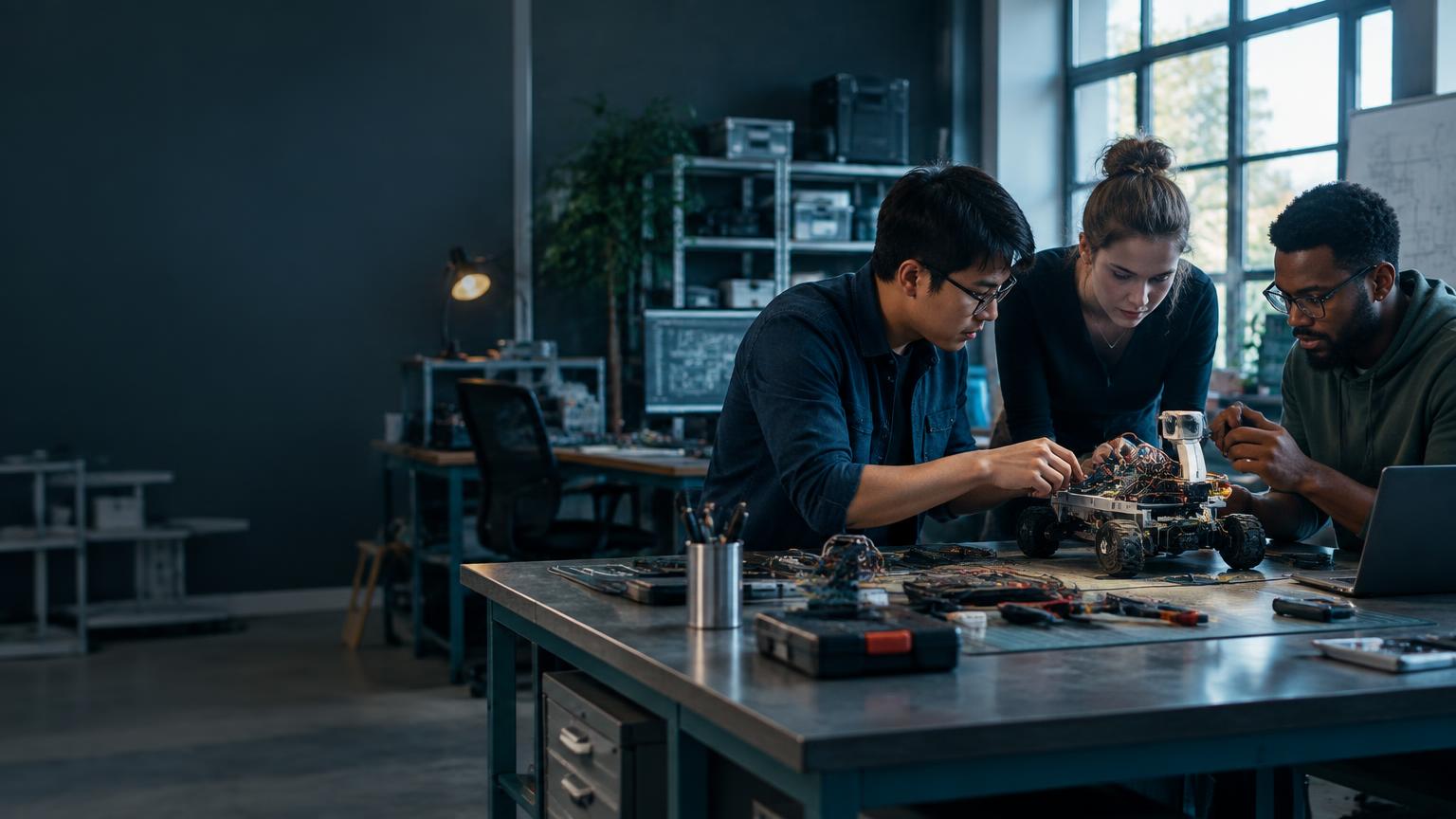 Engineers developing a robotics prototype in a technology studio