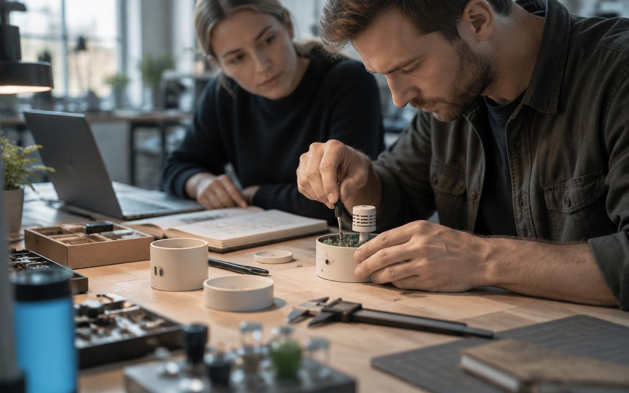 Engineers assembling an intelligent sensor prototype